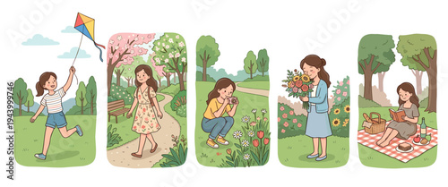 Collection of five cute cartoon illustrations showing a girl enjoying outdoor spring activities like flying a kite, walking in a park, taking photos, and having a picnic