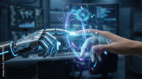 Human hand and robot hands connection artificial intelligence concept. A robotic hand touching a human hand in a futuristic setting.