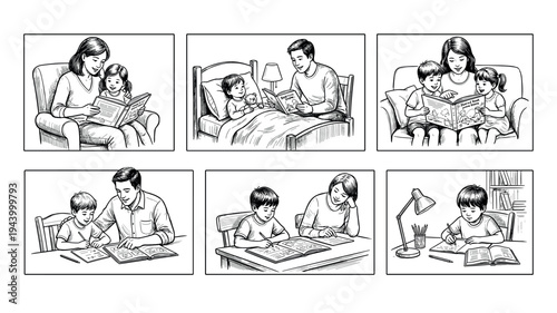 Set of six black and white illustrations showing family life with parents reading bedtime stories and helping their children with homework in a comic book storyboard style