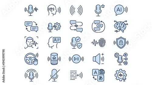 Voice Recognition and AI Audio Technology Icon Set for Speech-to-Text, Voice Biometrics, Smart Home, and Digital Communication Interface - 25 Linear Vector Icons