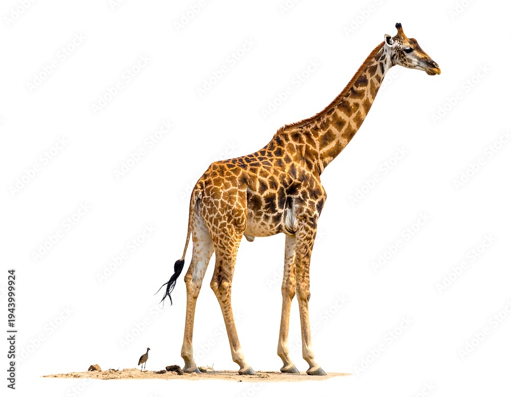 Naklejka premium A giraffe standing on a sandy patch