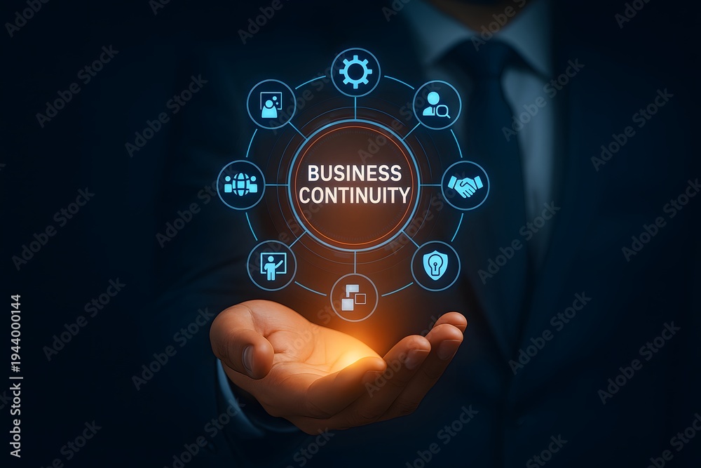 Naklejka premium Business continuity management concept digital network interface hologram above hand showing risk management emergency planning operational resilience corporate strategy technology system