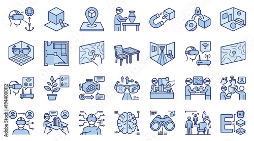 Set of 24 Augmented Reality and Virtual Reality Icons, AR VR Technology Concepts for Metaverse, Smart Glasses, 3D Modeling, Spatial Computing, Remote Collaboration, and Digital Innovation.
