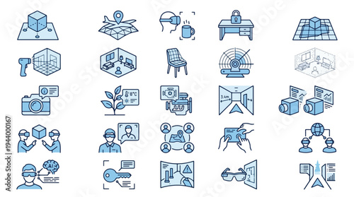 Augmented Reality and Virtual Reality Icon Set - 25 Blue Line Icons for 3D Scanning, Digital Twin, Smart Tech, and Indoor Navigation