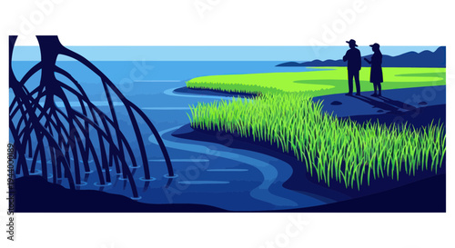 Coastal landscape with mangrove roots, people observing nature, and green fields