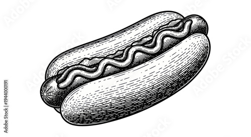 Classic Hot Dog with Mustard, Vintage Sketch, Isolated on White
