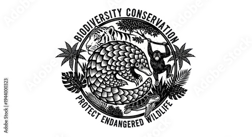 Biodiversity Conservation Emblem: Pangolin, Tiger, Orangutan, Turtle, Wildlife Protection