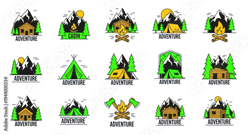 Camping Adventure Icons: Cabin, Tent, Campfire, Mountains, Forest, Sun