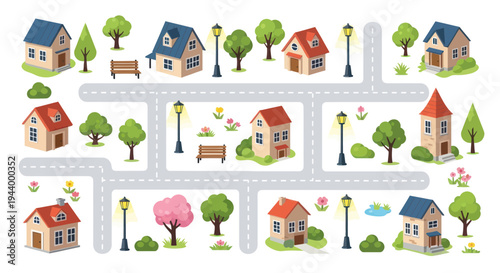 Charming Cartoon Village with Houses, Trees, and Streetlights