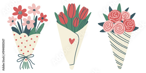 Three Hand- Drawn Bouquets of Flowers in Different Styles Keywords: flowers, bouquet, floral, arrangement, tulips, roses
