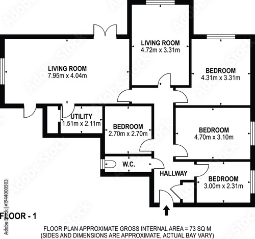 Efficient three-bedroom residential floor plan for a compact urban apartment featuring dual living areas and a central hallway layout.