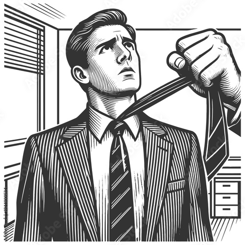 stressed businessman pulling his necktie in an office, work pressure, frustration, and corporate burnout sketch engraving generative ai vector illustration. Scratch board imitation. Black and white.