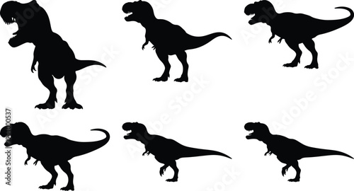 Set of six black silhouettes of Tyrannosaurus Rex dinosaurs in various dynamic poses against a white background, vector illustration.