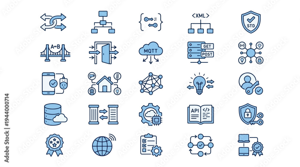 Fototapeta premium IoT and API Integration Blue Line Icon Set. Modern Flat Icons for Cloud Computing, Networking, Smart Home, Cybersecurity, Data Synchronization, and Digital Connectivity.