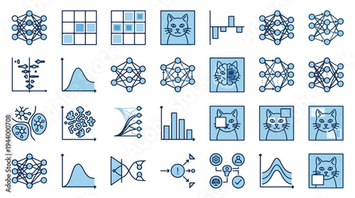 Artificial Intelligence and Machine Learning Icon Set for Data Science and Computer Vision Visualization