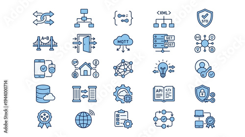 IoT and API Integration Blue Line Icon Set. Modern Flat Icons for Cloud Computing, Networking, Smart Home, Cybersecurity, Data Synchronization, and Digital Connectivity.