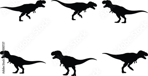 Six black vector silhouettes of the Tyrannosaurus Rex dinosaur in diverse poses, presented on a clean white background for graphic design.