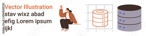 Data analysis, information systems, database management, tech innovation, diagram visualization, storage solutions. Features a person pointing, database icons and stacked graphs. Data analysis
