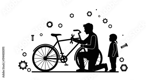 Man fixing bicycle with child.