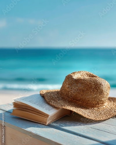 Straw Hat and Book on Beach Table by Sea
