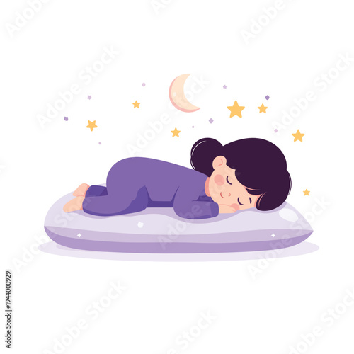Cute flat vector illustration of sleeping character on pillow with moon stars isolated on white