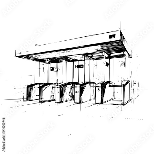 Monochrome digital art sketch of modern turnstiles, conceptual illustration for urban access control, featuring dynamic lines and minimalist design.