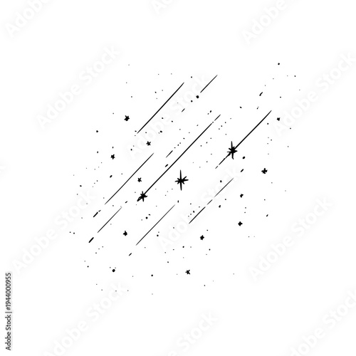 Monochrome digital art illustration of shooting stars with dynamic trails and sparkling cosmic elements, ideal for abstract celestial concepts.