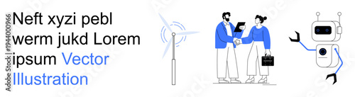 Renewable energy, business partnerships, artificial intelligence, digital technology, innovation, and sustainability. Wind turbine, professionals shaking hands robot illustration. Renewable energy