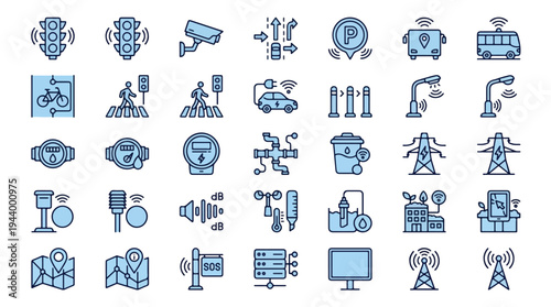 Smart City and IoT Icon Set featuring Urban Infrastructure, Sustainable Technology, Traffic Management, Public Services, and Digital Connectivity Symbols