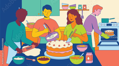 Group of People Celebrating with Cake in Kitchen.