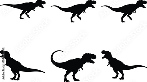 Six distinct black silhouette Tyrannosaurus Rex dinosaurs displayed in varied action poses on a clean white backdrop.