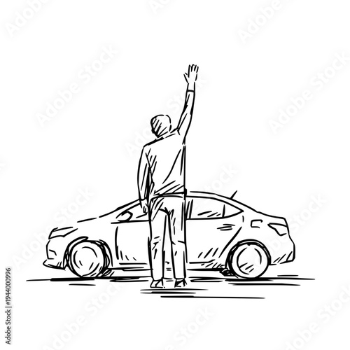 Expressive line art sketch of a person waving hand next to a modern sedan car, depicting a concept of travel request or assistance.