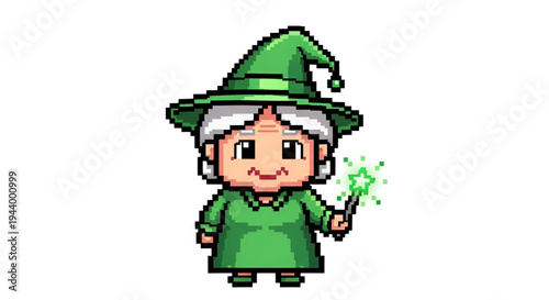 Cute Pixel Art Witch Character with Green Hat and Magic Wand