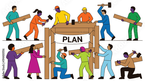 Group of Diverse People Collaborating on Construction Project.