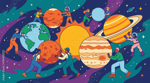 Children Exploring and Playing with Planets in Space Scene.