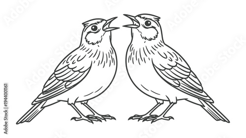 Two Birds Singing: A charming line art illustration depicts two birds standing side by side, their mouths open as if singing a duet. A simple yet expressive portrayal of nature's melody.