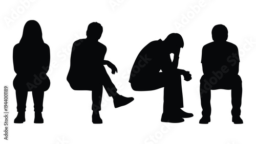 Silhouettes of four individuals in various sitting positions on chairs with different postures and emotions