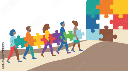 Group of Diverse People Building Puzzle Wall.