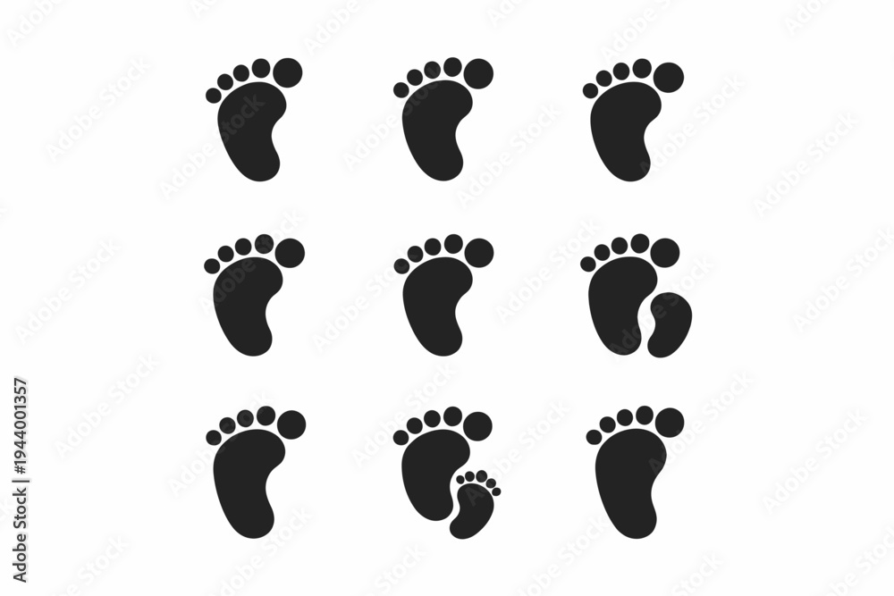 Fototapeta premium Silhouette footprints pattern: baby, adult, small, large footprint variations