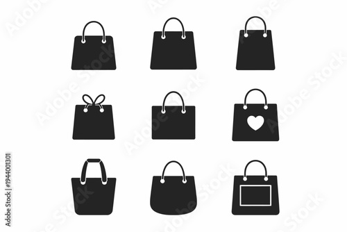 Collection of nine black shopping bag icons with various designs