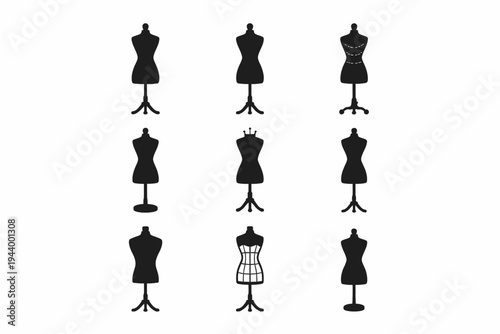 Set of nine black mannequin silhouettes for fashion design and tailoring