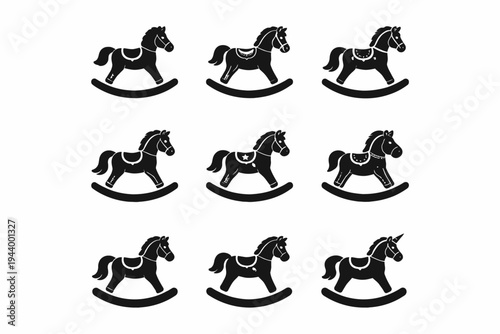 Collection of nine black silhouette rocking horses in various designs