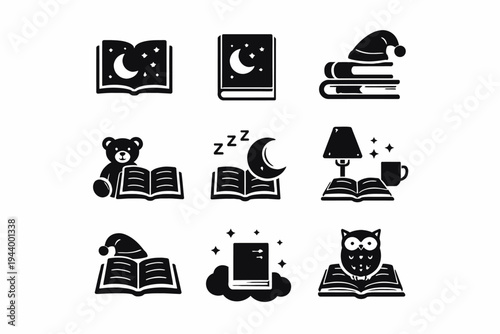 Black and white bedtime reading icons with books, moon, and cozy elements
