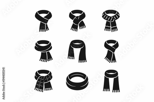 Set of nine stylish black scarf icons in various knots and styles