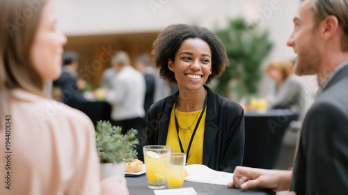 Young Black woman smiling and chatting at networking event indoors  