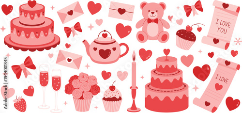 Valentine's Day Themed Elements With Cakes Cupcakes Hearts And Flowers In Pink And Red Keywords: valentine, love, romance, cake
