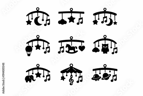 Set of nine baby mobiles with stars and music notes