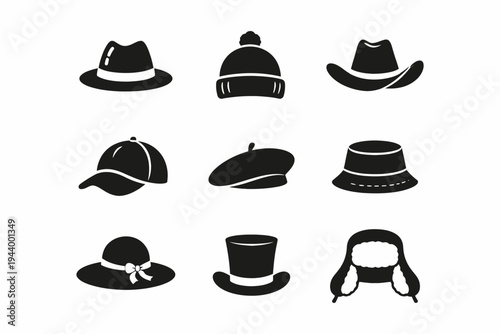 Set of nine black hat silhouettes including beanie and cowboy hat
