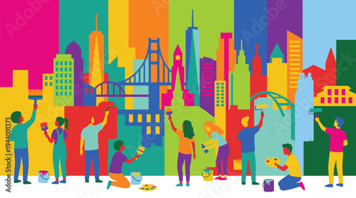 Colorful City Skyline with People and Buildings.