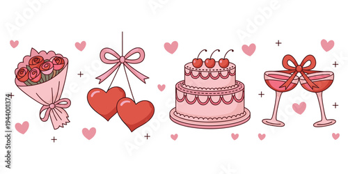 Valentine's Day themed illustrations with flowers, hearts, cake, and drinks love romance